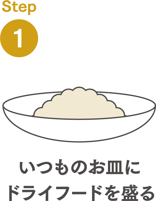 STEP1 いつものお皿にドライフードを盛る