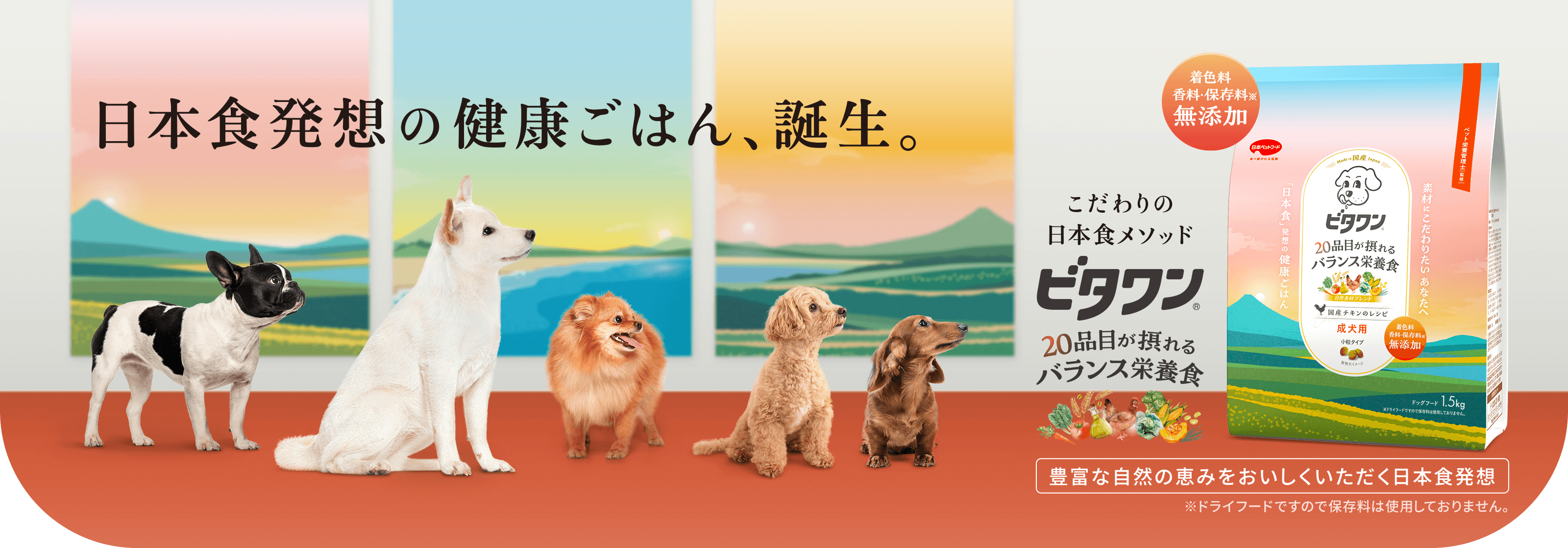 日本食発想の健康ごはん、誕生。こだわりの日本食メソッド ビタワン 20品目が摂れるバランス栄養食 着色料 香料・保存料※ 無添加 豊富な自然の恵みをおいしくいただく日本食発想 ※ドライフードですので保存料は使用しておりません。