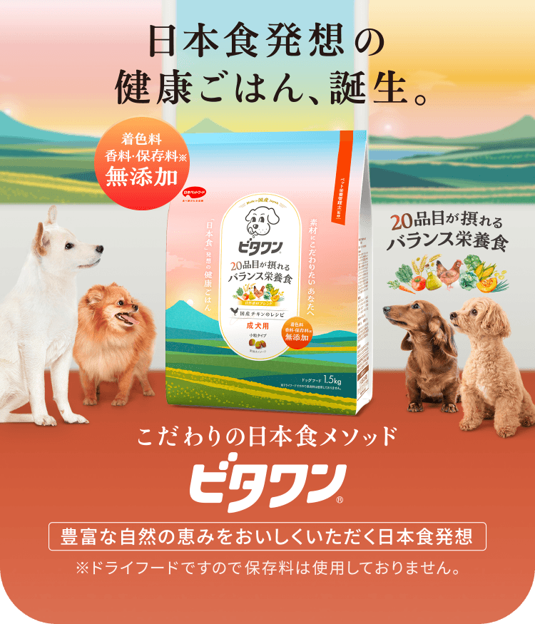 日本食発想の健康ごはん、誕生。こだわりの日本食メソッド ビタワン 20品目が摂れるバランス栄養食 着色料 香料・保存料※ 無添加 豊富な自然の恵みをおいしくいただく日本食発想 ※ドライフードですので保存料は使用しておりません。